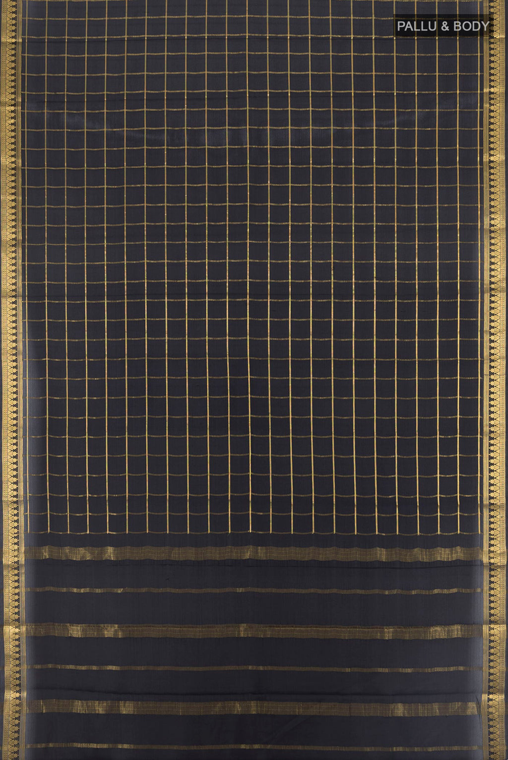 Flat view of Black Mysore Crepe Saree with Checked design on the body and Zari Border. 