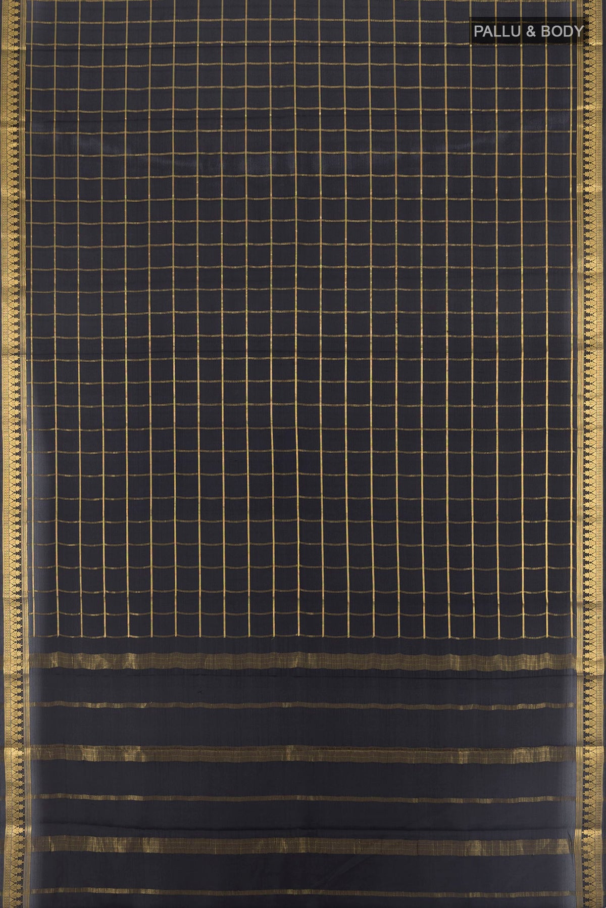 Flat view of Black Mysore Crepe Saree with Checked design on the body and Zari Border. 