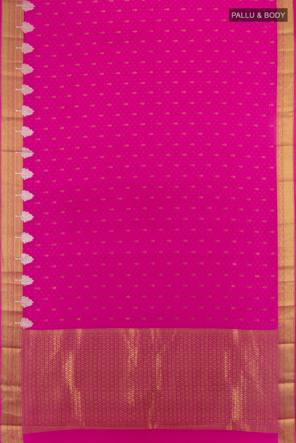 Flat view of Pink Mysore Crepe Saree with Zari Butta on the body and Zari Border. 