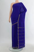 Royal Blue Mysore Crepe Saree with Plain Body and Zari Border.  displayed on a mannequin