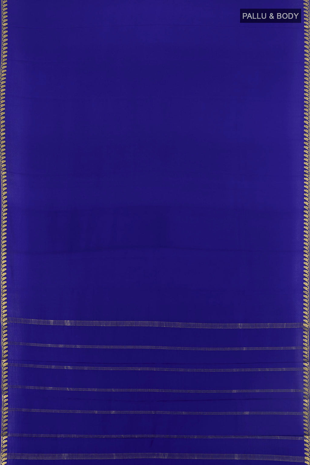 Flat view of Royal Blue Mysore Crepe Saree with Plain Body and Zari Border. 