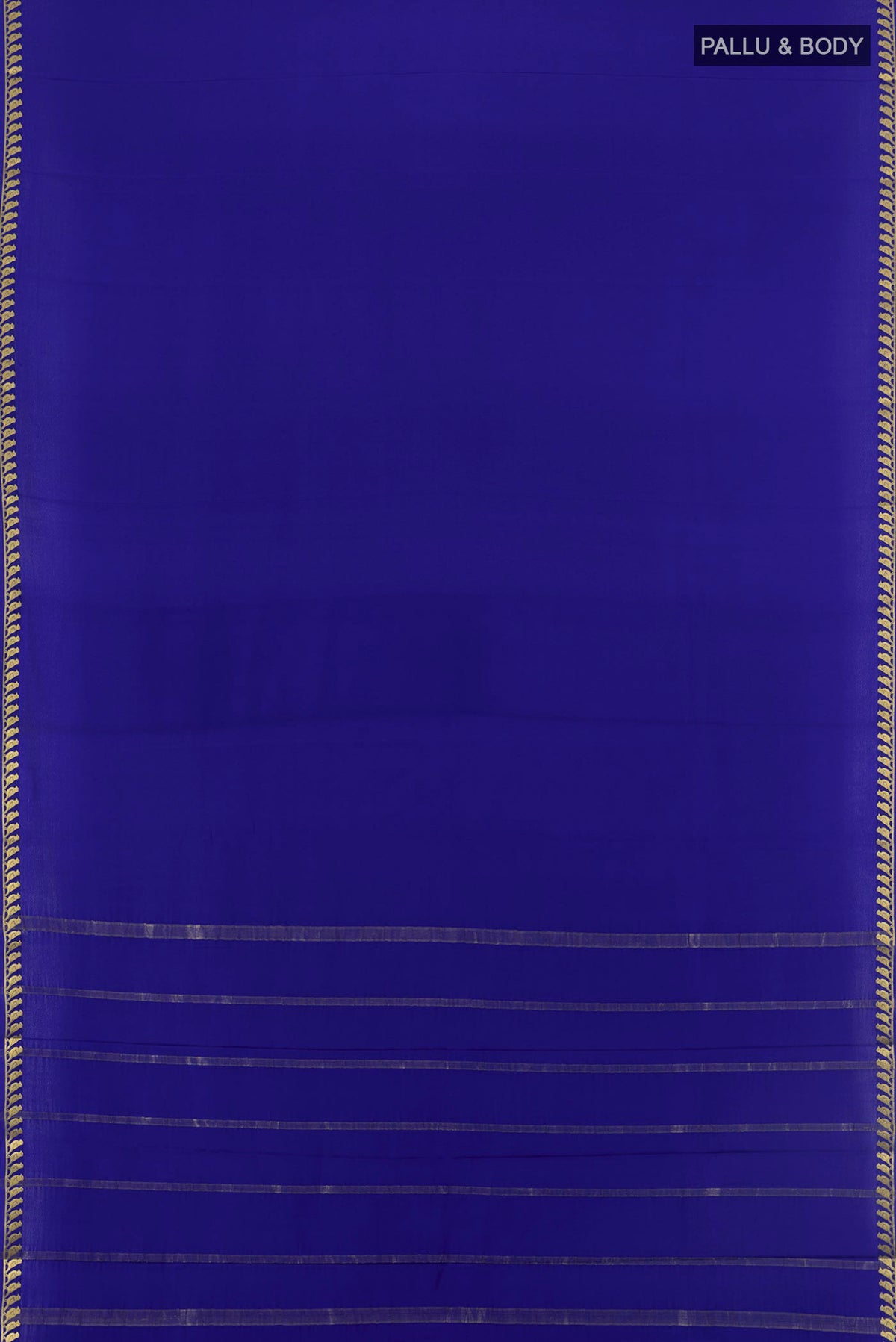 Flat view of Royal Blue Mysore Crepe Saree with Plain Body and Zari Border. 