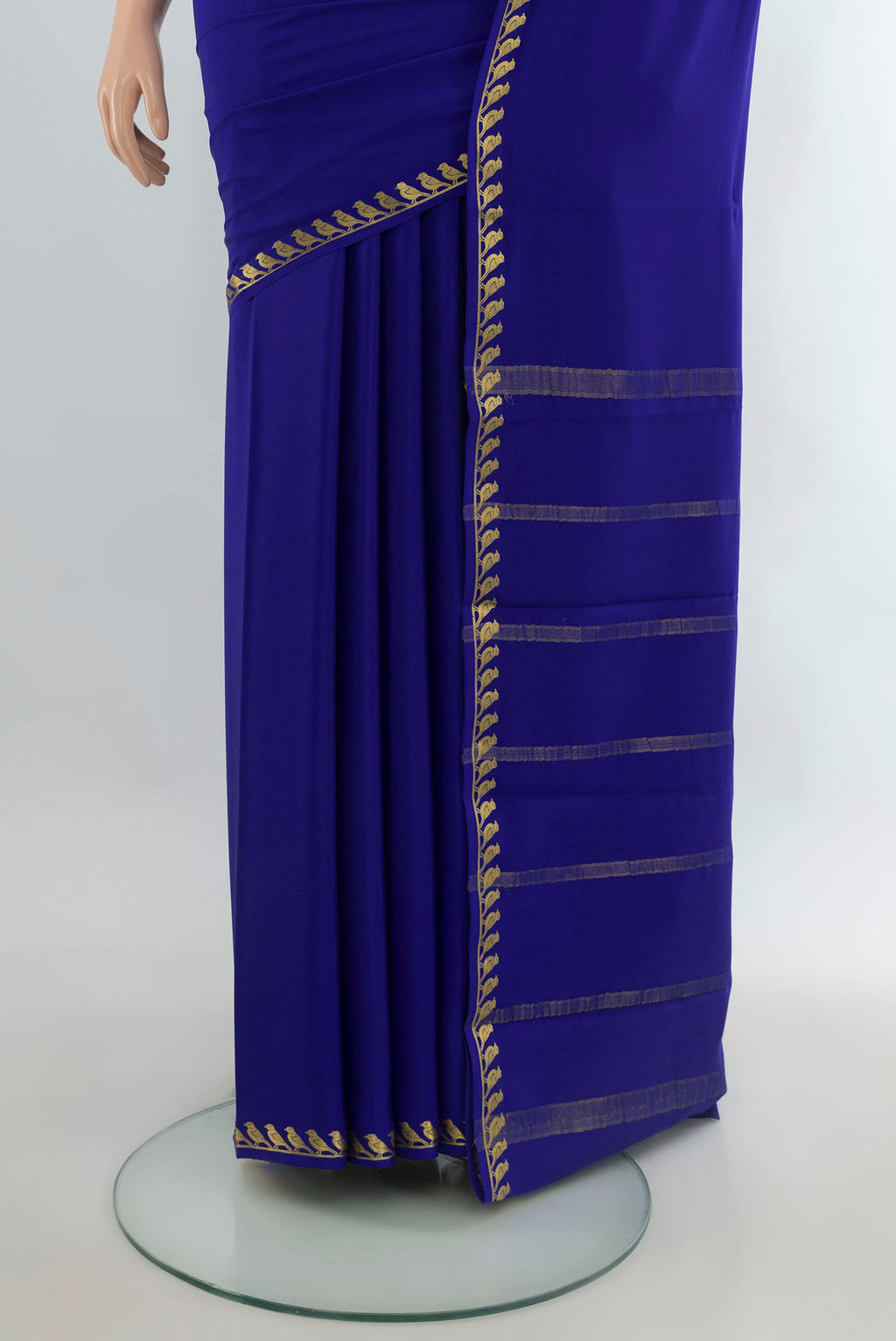 Pleats and pallu of Royal Blue Mysore Crepe Saree with Plain Body and Zari Border. 