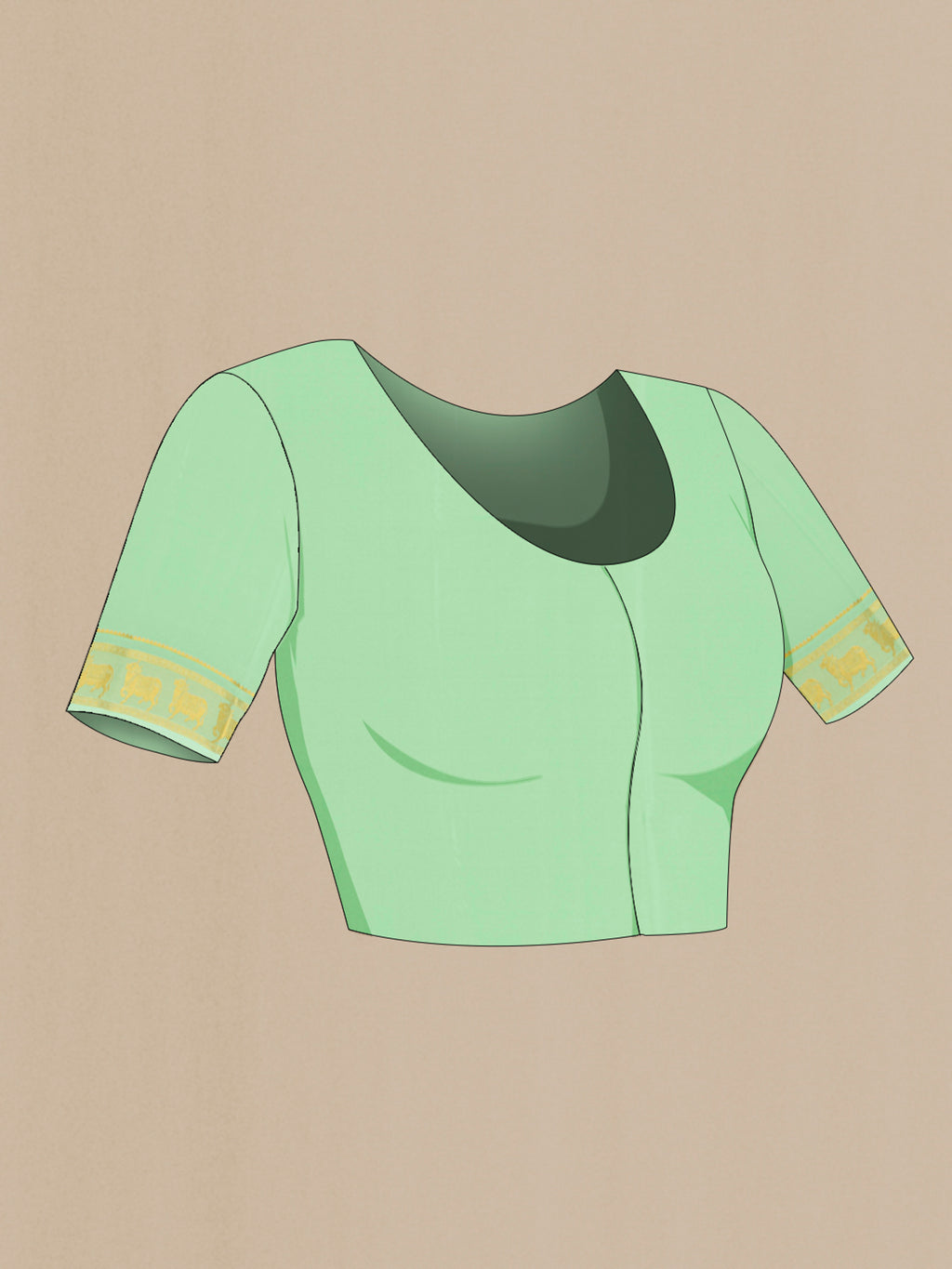 Close up image of the blouse of Pista Green Mysore Crepe Saree with Plain Body and Zari Border. 