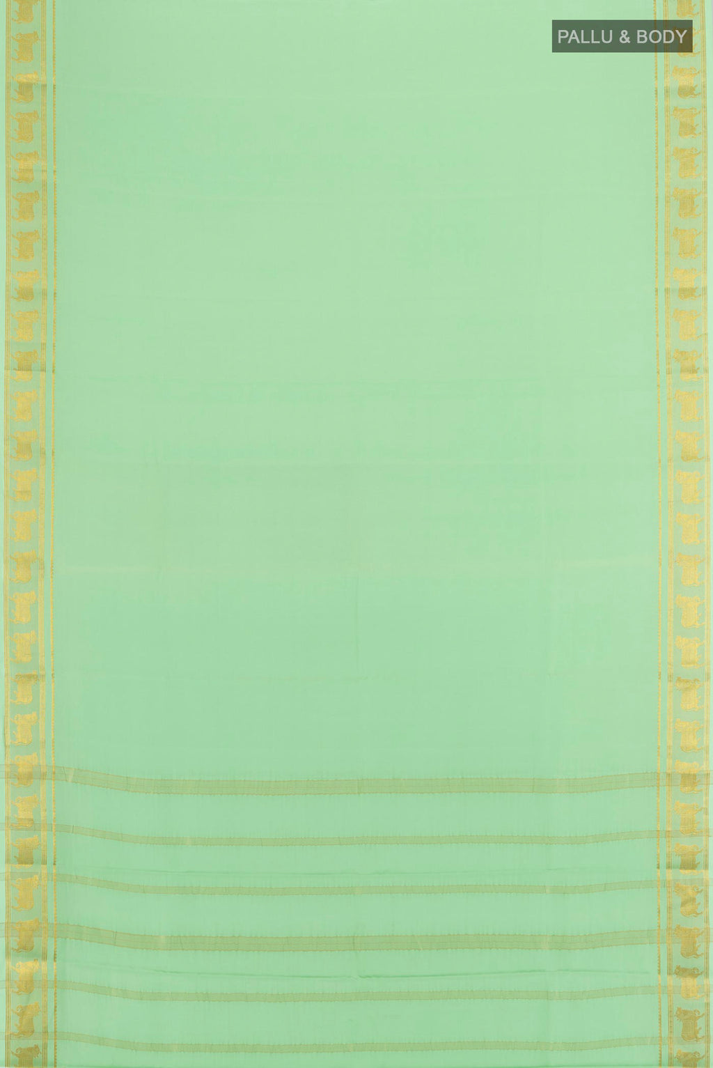 Flat view of Pista Green Mysore Crepe Saree with Plain Body and Zari Border. 