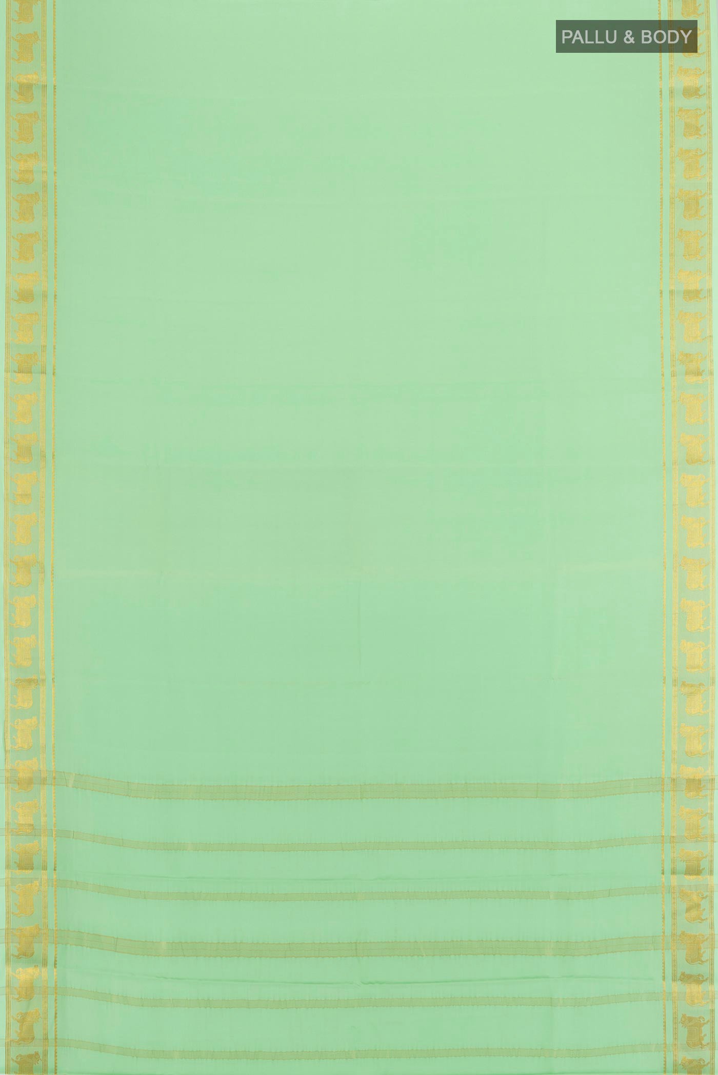 Flat view of Pista Green Mysore Crepe Saree with Plain Body and Zari Border. 