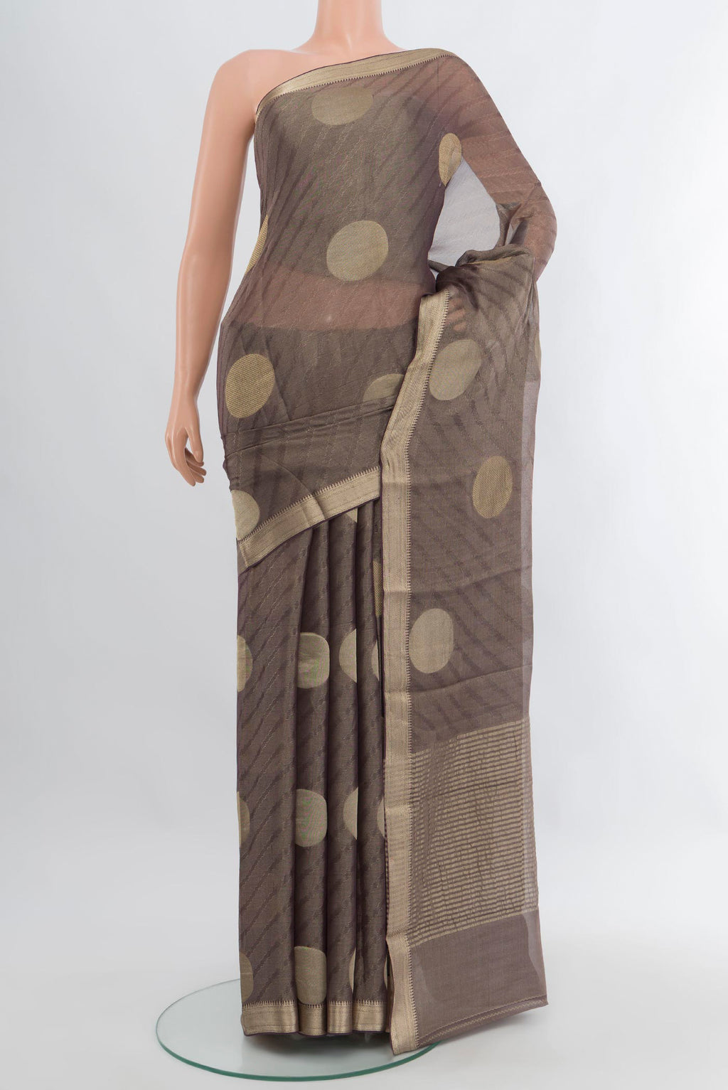 Davys Grey Mysore Georgette Saree with Zari Butta on the body and Zari Border.  displayed on a mannequin