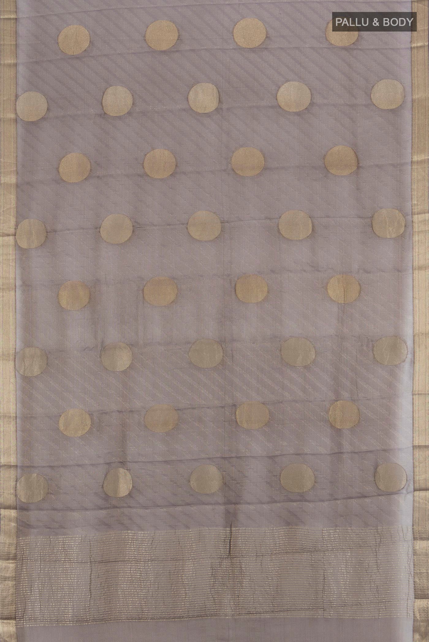 Flat view of Davys Grey Mysore Georgette Saree with Zari Butta on the body and Zari Border. 