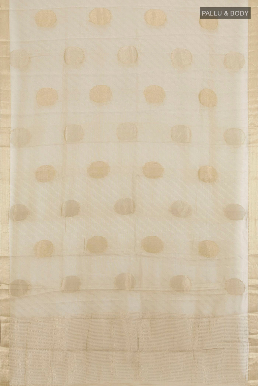 Flat view of Golden Mysore Georgette Saree with Zari Butta on the body and Zari Border. 