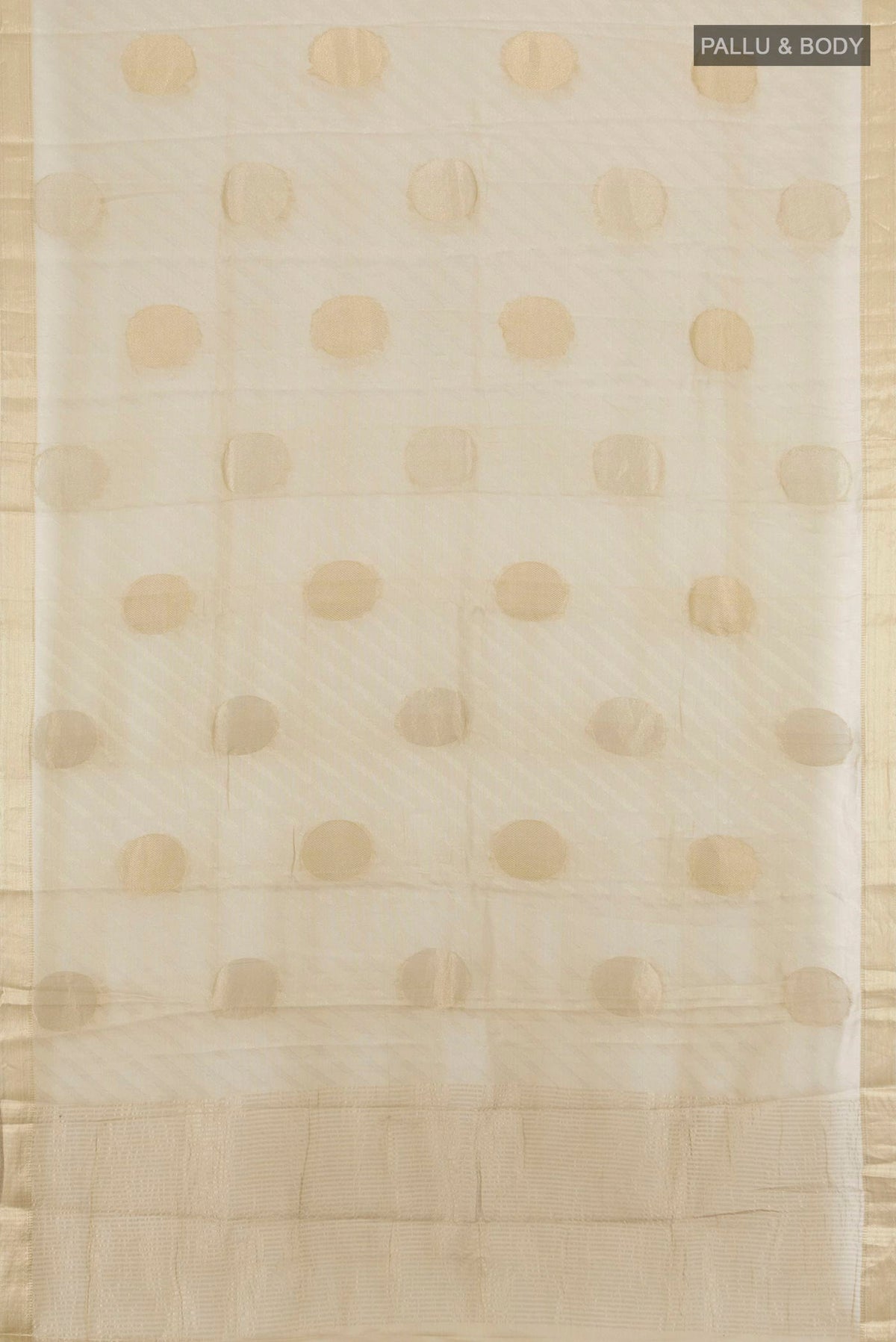 Flat view of Golden Mysore Georgette Saree with Zari Butta on the body and Zari Border. 
