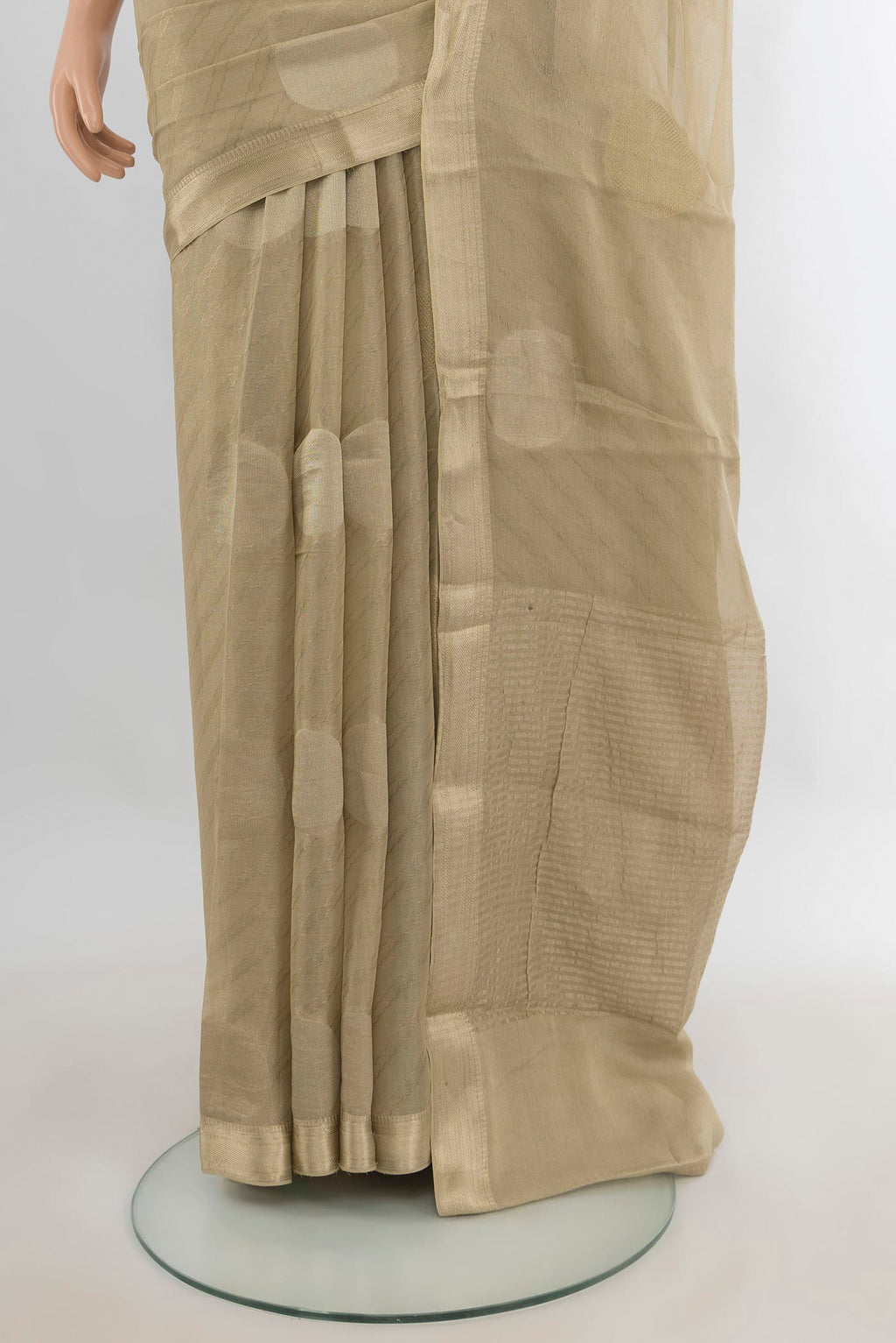 Pleats and pallu of Golden Mysore Georgette Saree with Zari Butta on the body and Zari Border. 