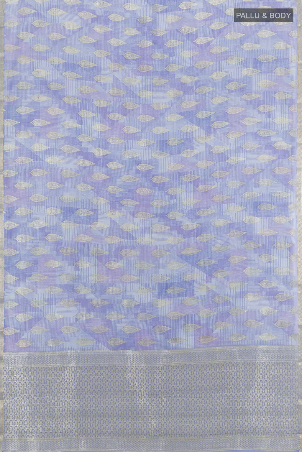 Flat view of Lavender Mysore Georgette Saree with Zari Butta on the body and Zari Border. 