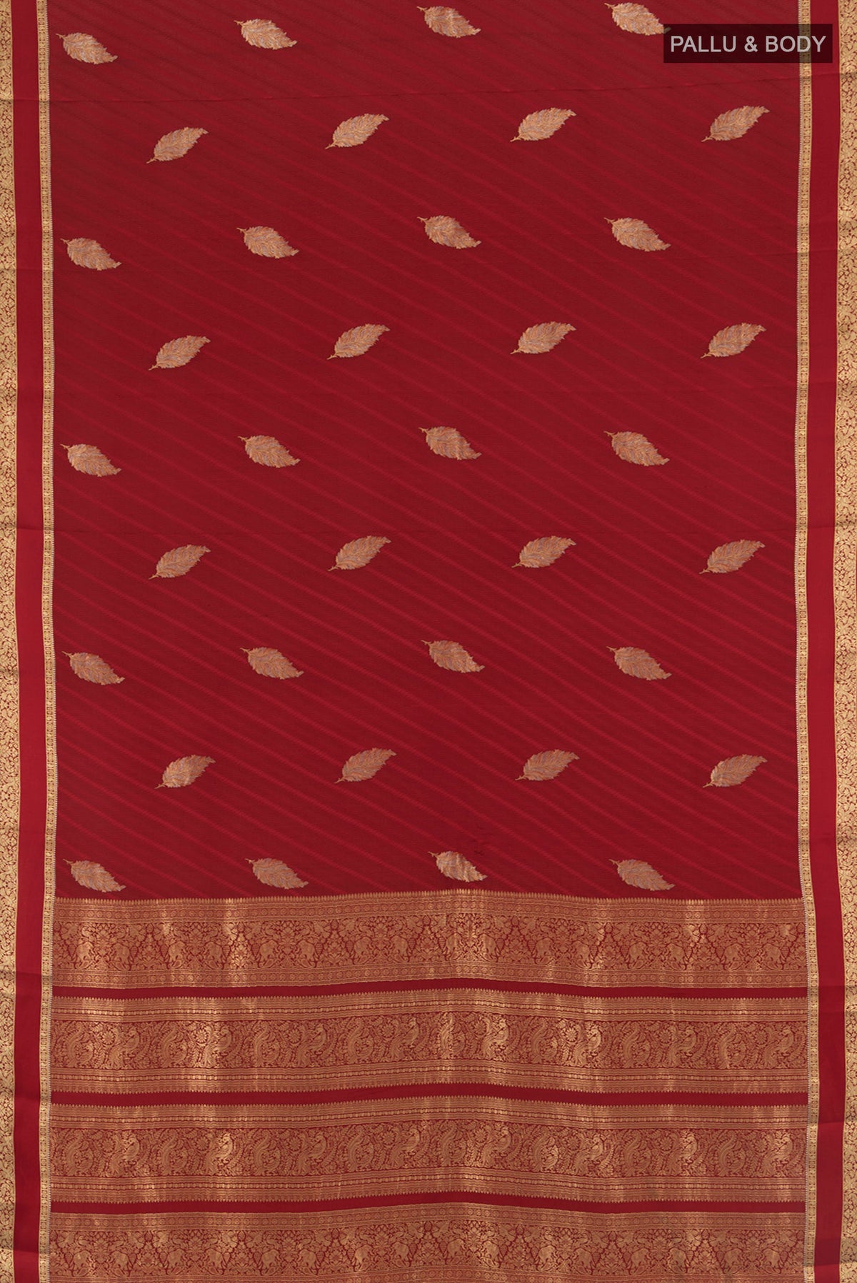 Flat view of Maroon Mysore Crepe Saree with Zari Butta on the body and Zari Border. 