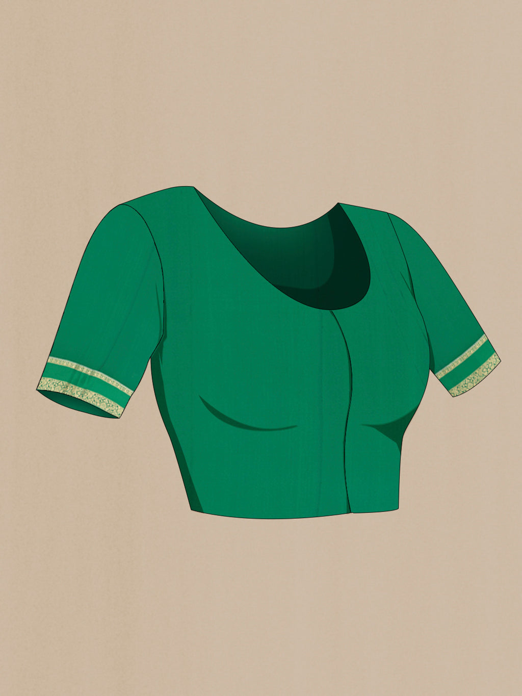 Close up image of the blouse of Green Mysore Crepe Saree with Zari Butta on the body and Zari Border. 