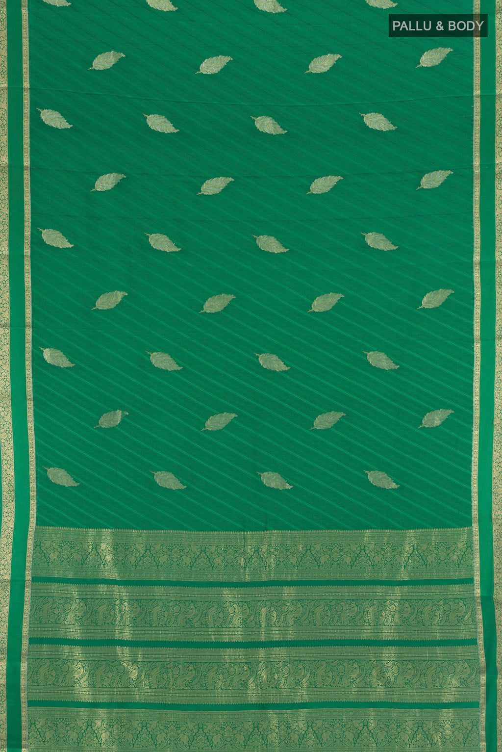 Flat view of Green Mysore Crepe Saree with Zari Butta on the body and Zari Border. 