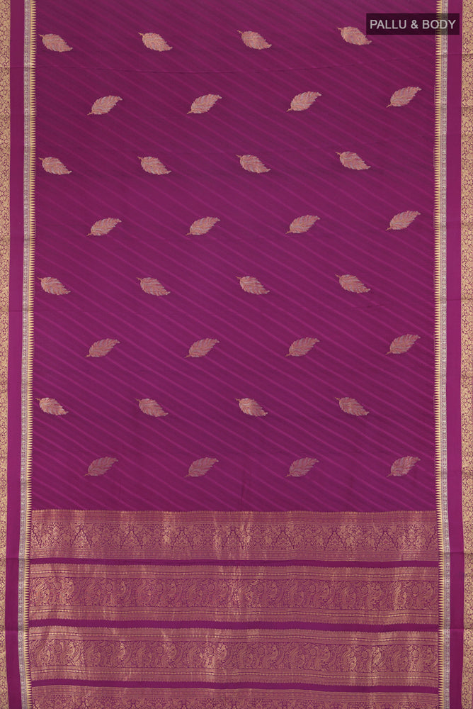 Flat view of Purple Georgette Saree with Zari Butta on the body and Silk Border. 