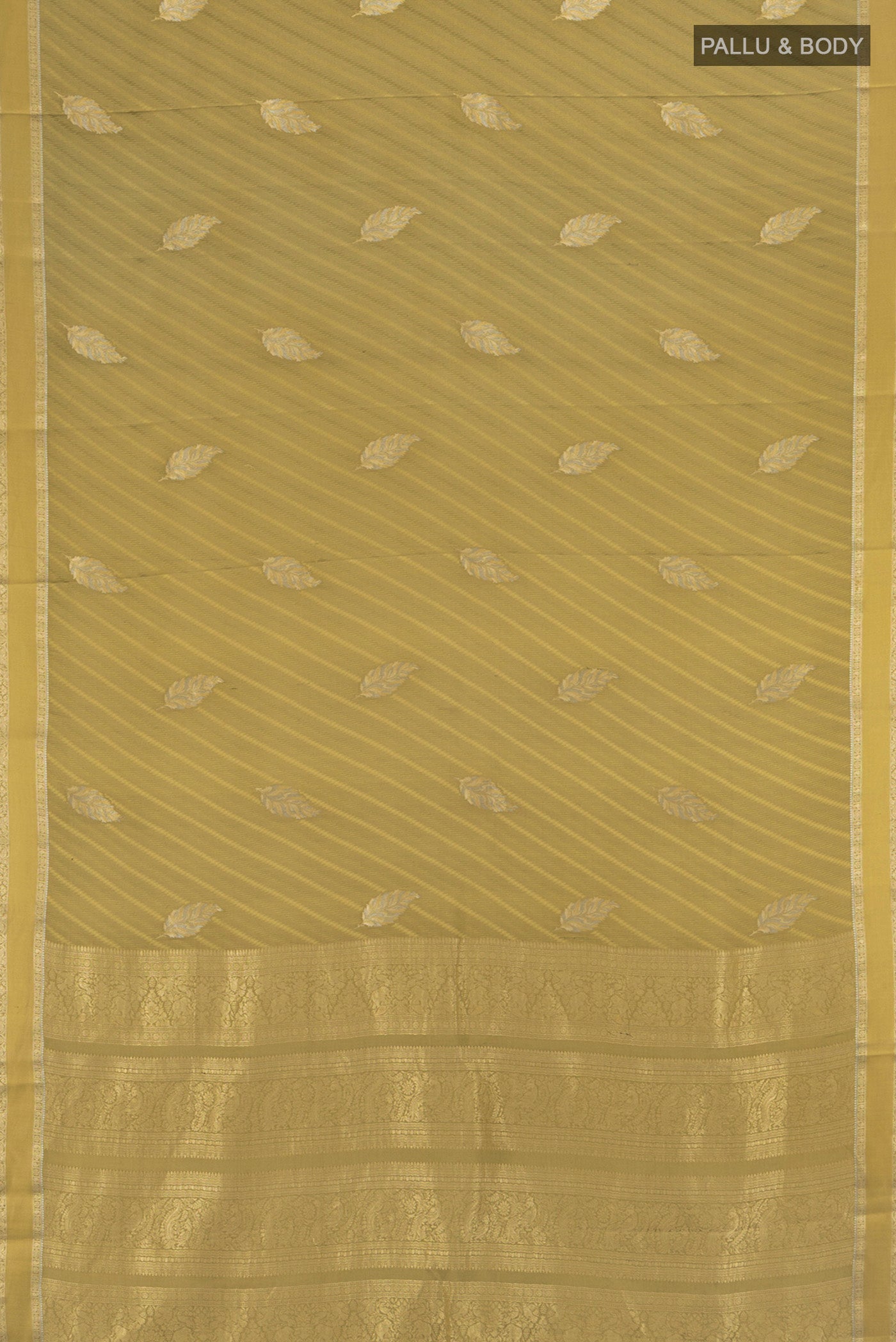 Flat view of Mehandi Green Mysore Crepe Saree with Zari Butta on the body and Zari Border. 