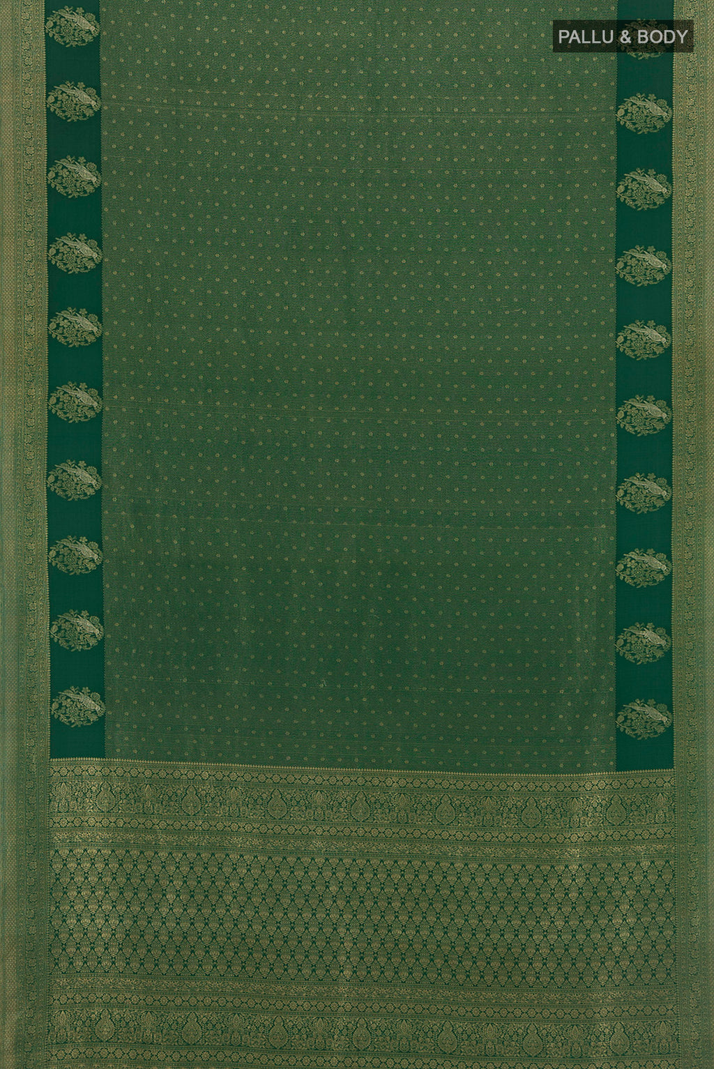 Flat view of Bottle Green Mysore Crepe Saree with Zari Brocade on the body and Zari Border. 