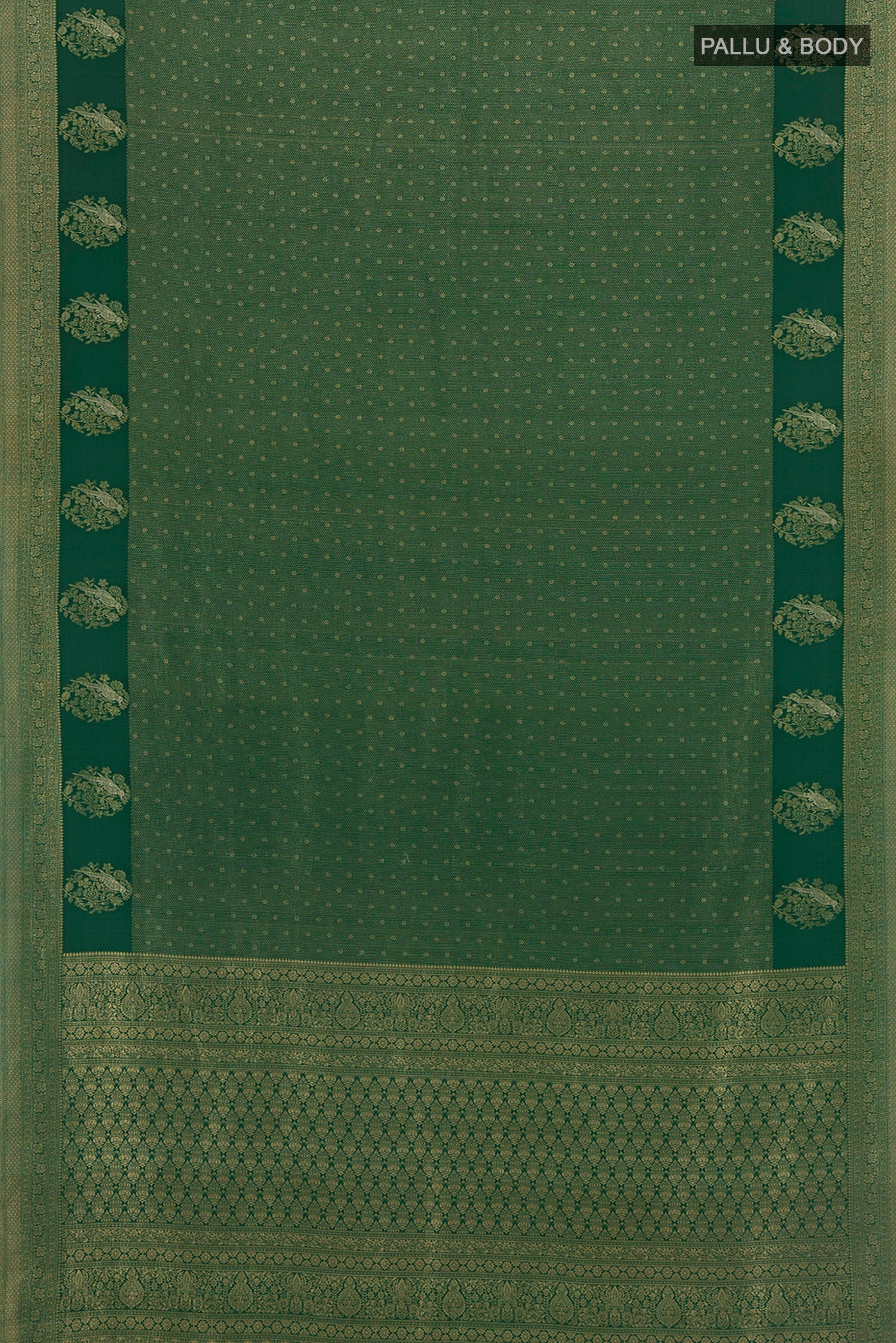 Flat view of Bottle Green Mysore Crepe Saree with Zari Brocade on the body and Zari Border. 