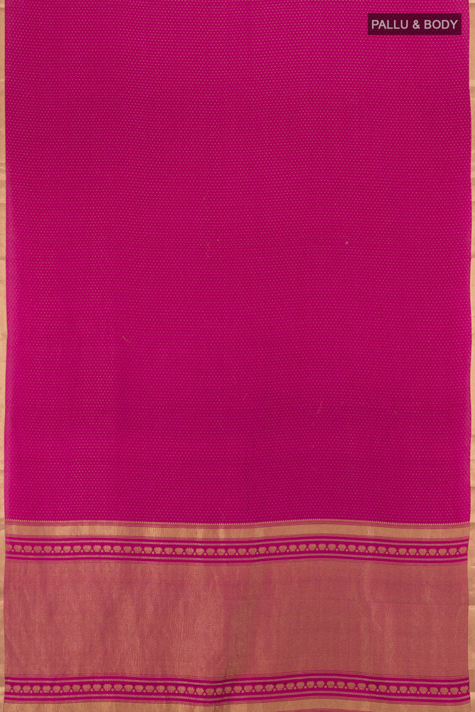 Flat view of Pure Silk Pure Zari Magenta Mysore Crepe Saree with Zari Butta on the body and Silk Border. 