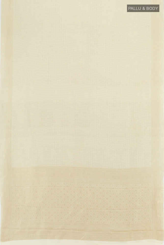 Flat view of Off White Mysore Silk Saree with Zari Butta on the body and Silk Border. 