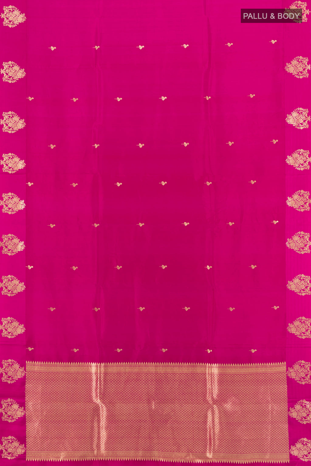 Flat view of Magenta Banarasi Katan Silk Saree with Zari Butta on the body and Silk Border. 