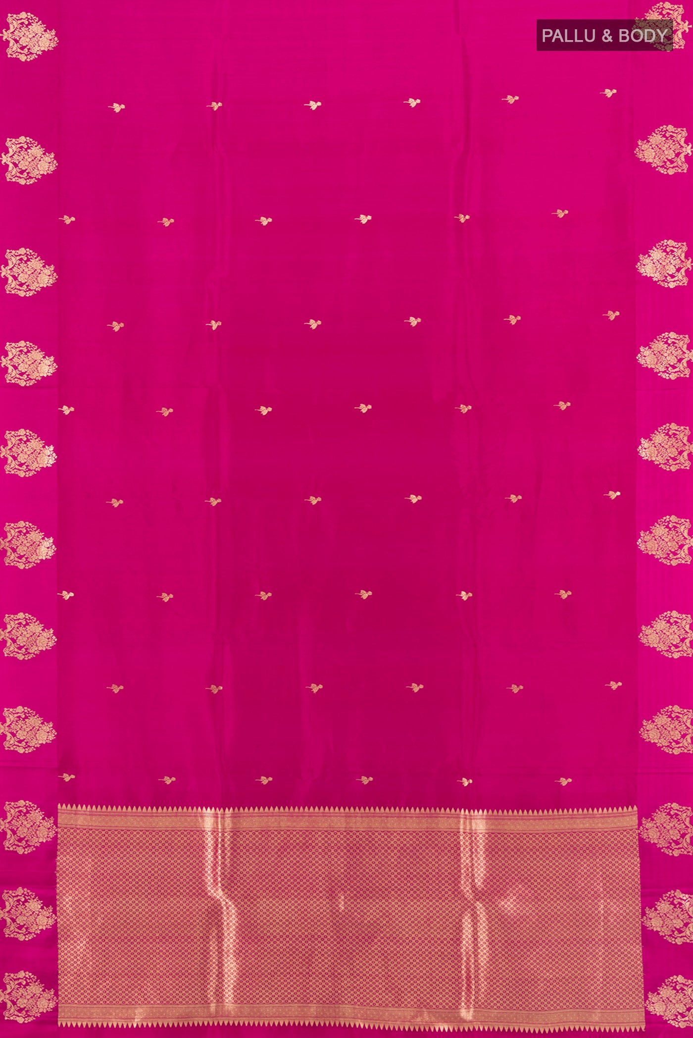 Flat view of Magenta Banarasi Katan Silk Saree with Zari Butta on the body and Silk Border. 