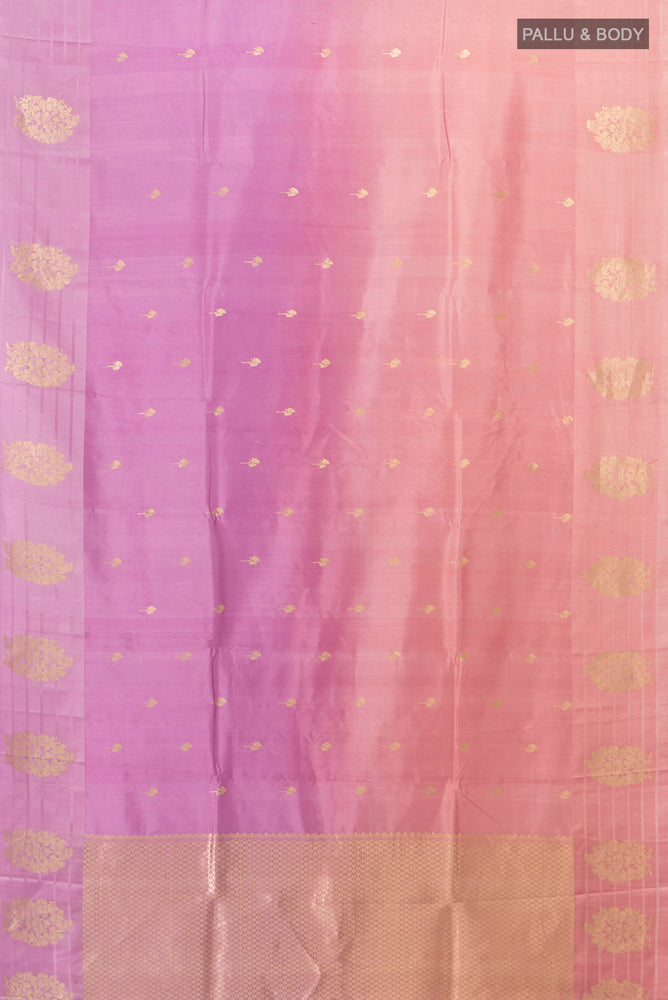Flat view of Multi Color Banarasi Katan Silk Saree with Zari Butta on the body and Silk Border. 