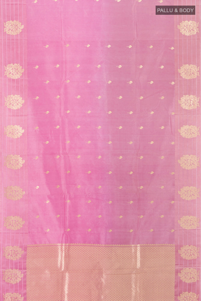 Flat view of Pure Silk Pure Zari Rose Gold Banarasi Katan Saree with Zari Butta on the body and Silk Border. 