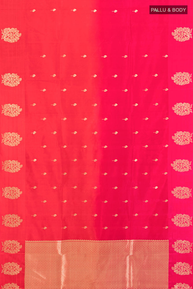 Flat view of Pure Silk Pure Zari Red Banarasi Katan Saree with Zari Butta on the body and Silk Border. 