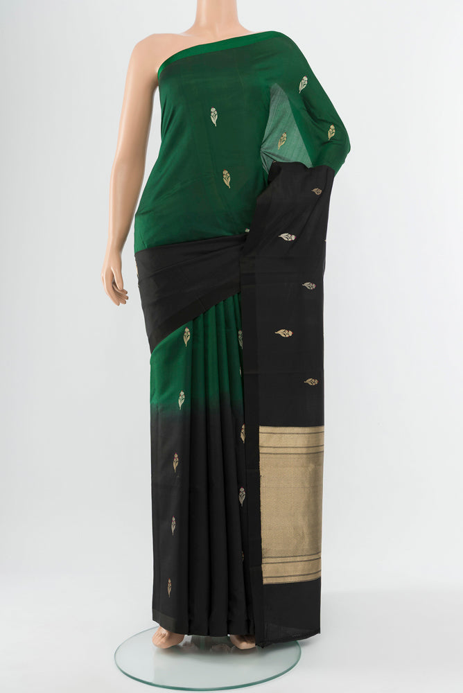 Multi Color Banarasi Katan Silk Saree with Zari Butta on the body and Silk Border.  displayed on a mannequin