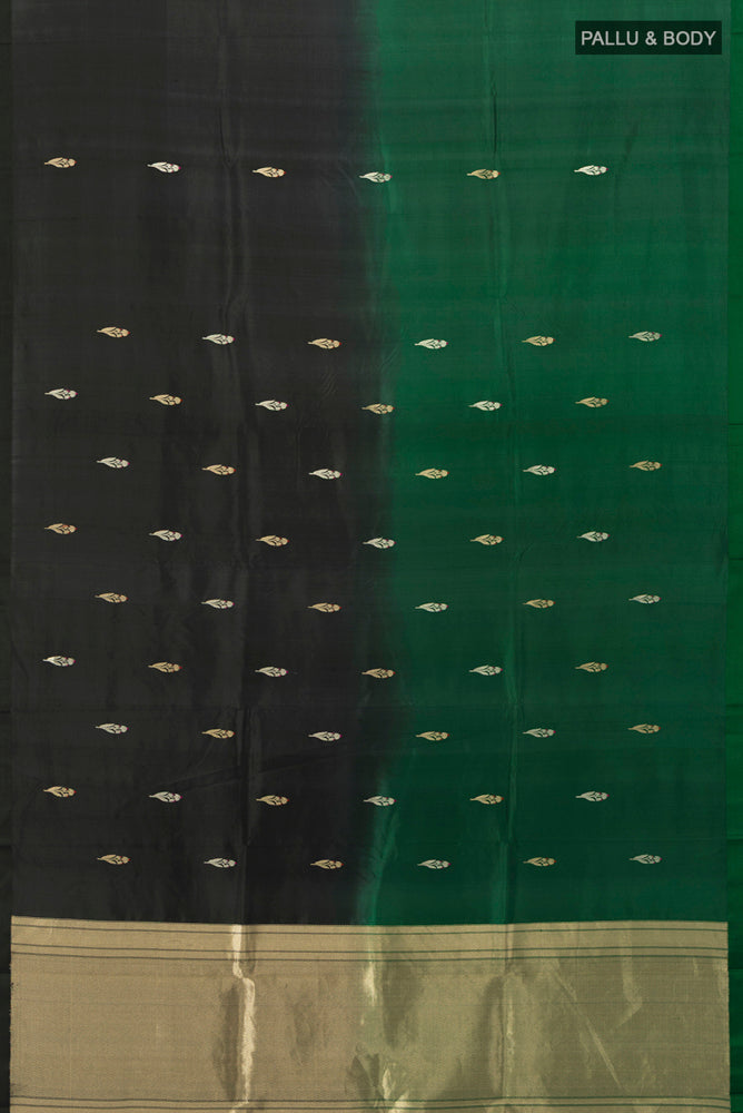 Flat view of Multi Color Banarasi Katan Silk Saree with Zari Butta on the body and Silk Border. 
