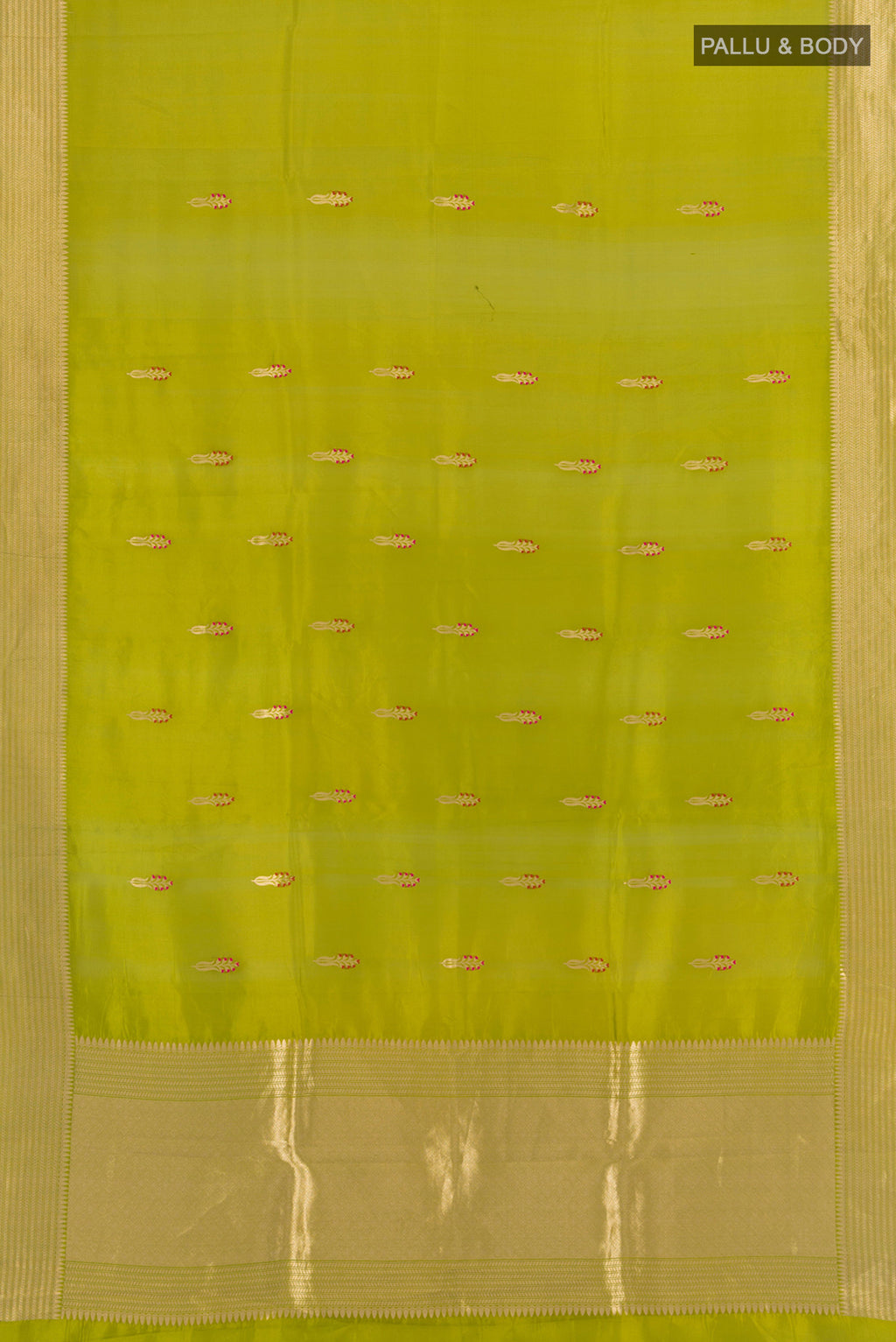 Flat view of Light Green Banarasi Katan Silk Saree with Zari Butta on the body and Silk Border. 