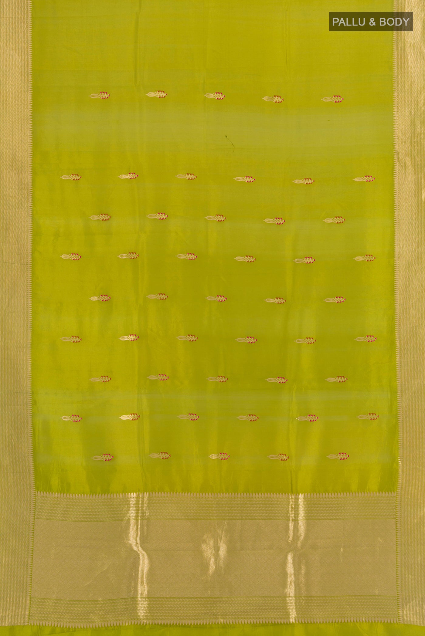 Flat view of Light Green Banarasi Katan Silk Saree with Zari Butta on the body and Silk Border. 