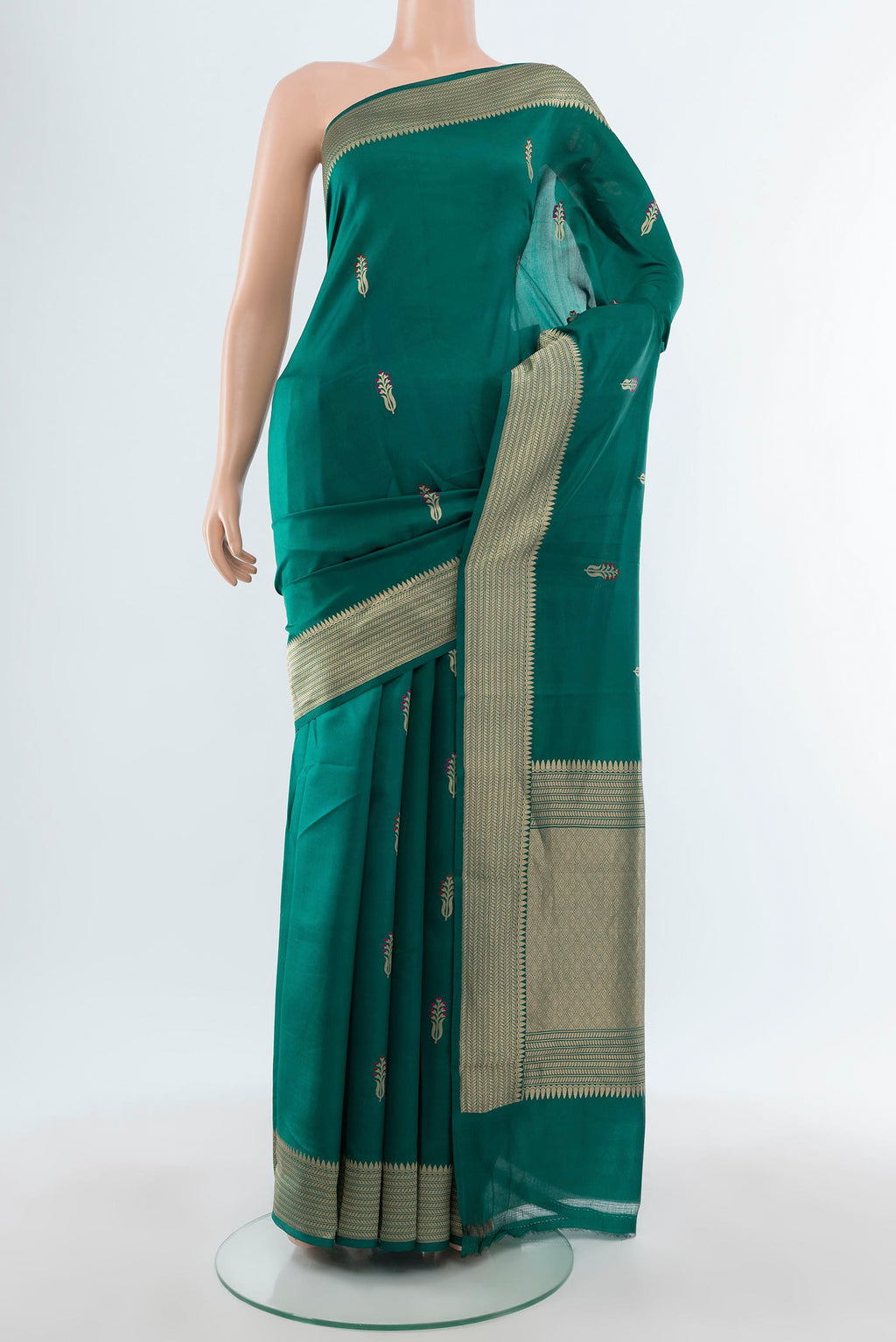 Teal Banarasi Katan Silk Saree with Zari Butta on the body and Zari Border.  displayed on a mannequin