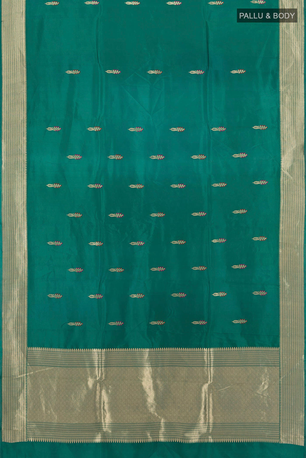 Flat view of Teal Banarasi Katan Silk Saree with Zari Butta on the body and Zari Border. 