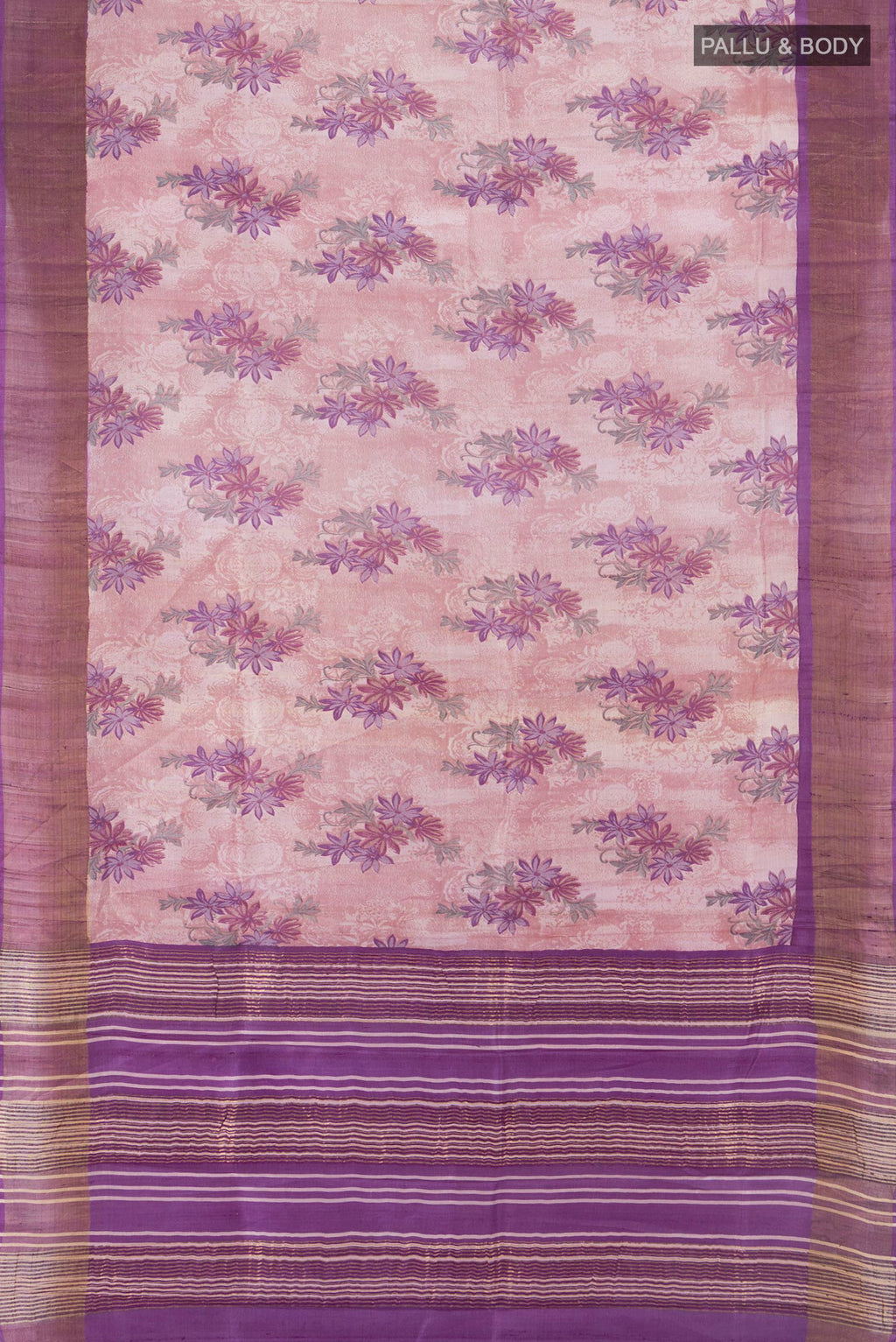 Flat view of Rose Gold Tussar Saree with Floral Print on the body and Zari Border. 