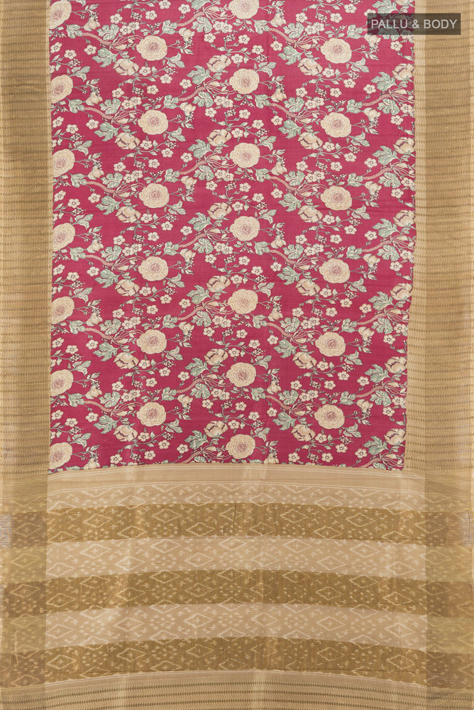 Flat view of Bronze Tussar Silk Saree with Floral Print on the body and Silk Border. 