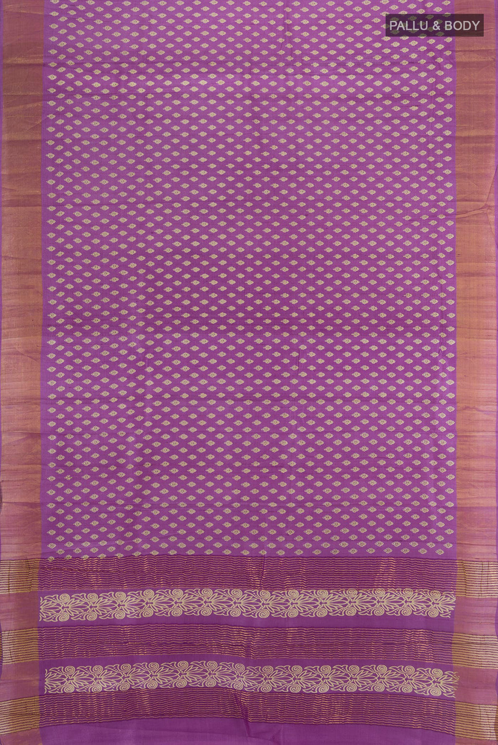Flat view of Violet Tussar Silk Saree with Floral Print on the body and Zari Border. 