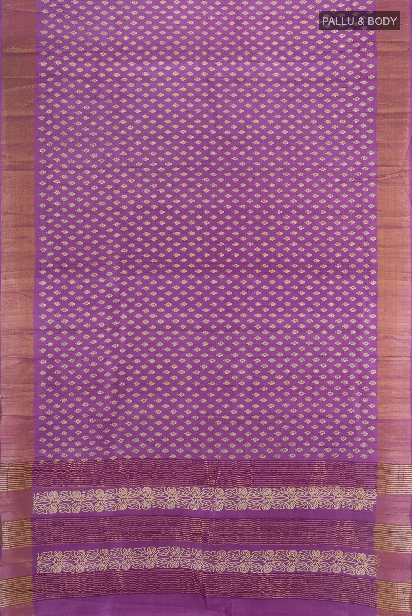 Flat view of Violet Tussar Silk Saree with Floral Print on the body and Zari Border. 