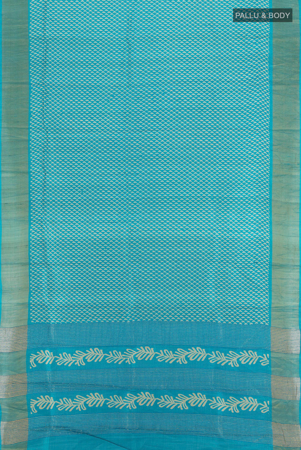 Flat view of Light Blue Tussar Silk Saree with Floral Print on the body and Zari Border. 