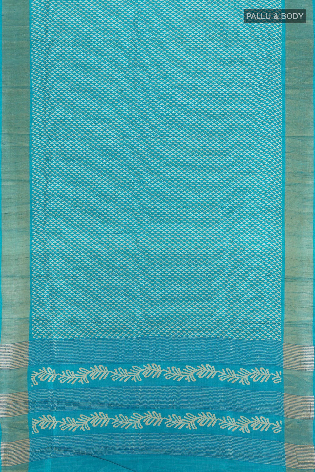 Flat view of Light Blue Tussar Silk Saree with Floral Print on the body and Zari Border. 