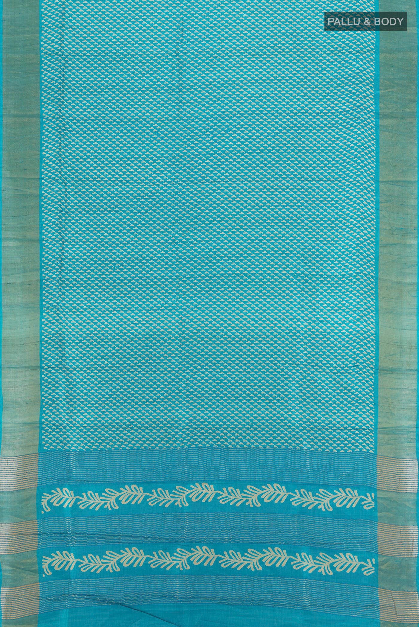 Flat view of Light Blue Tussar Silk Saree with Floral Print on the body and Zari Border. 