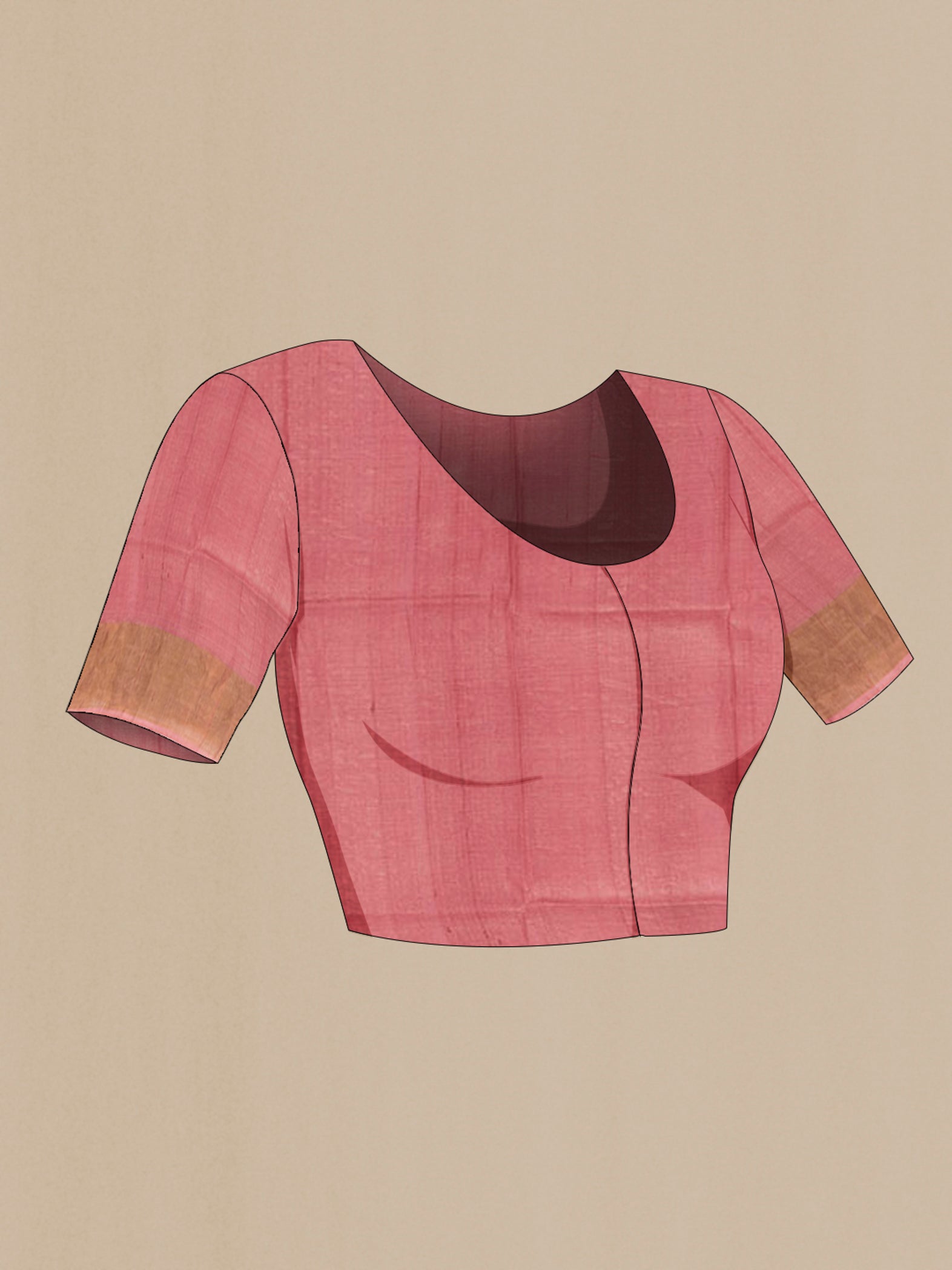 Close up image of the blouse of Rose Gold Tussar Silk Saree with Floral Print on the body and Zari Border. 