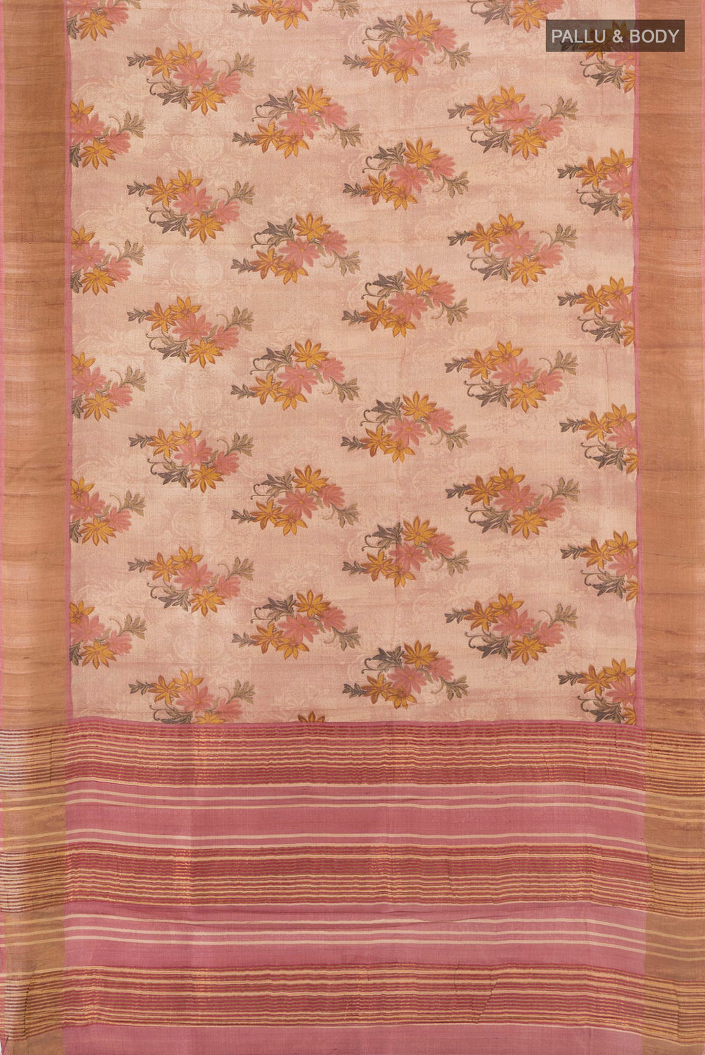 Flat view of Rose Gold Tussar Silk Saree with Floral Print on the body and Zari Border. 