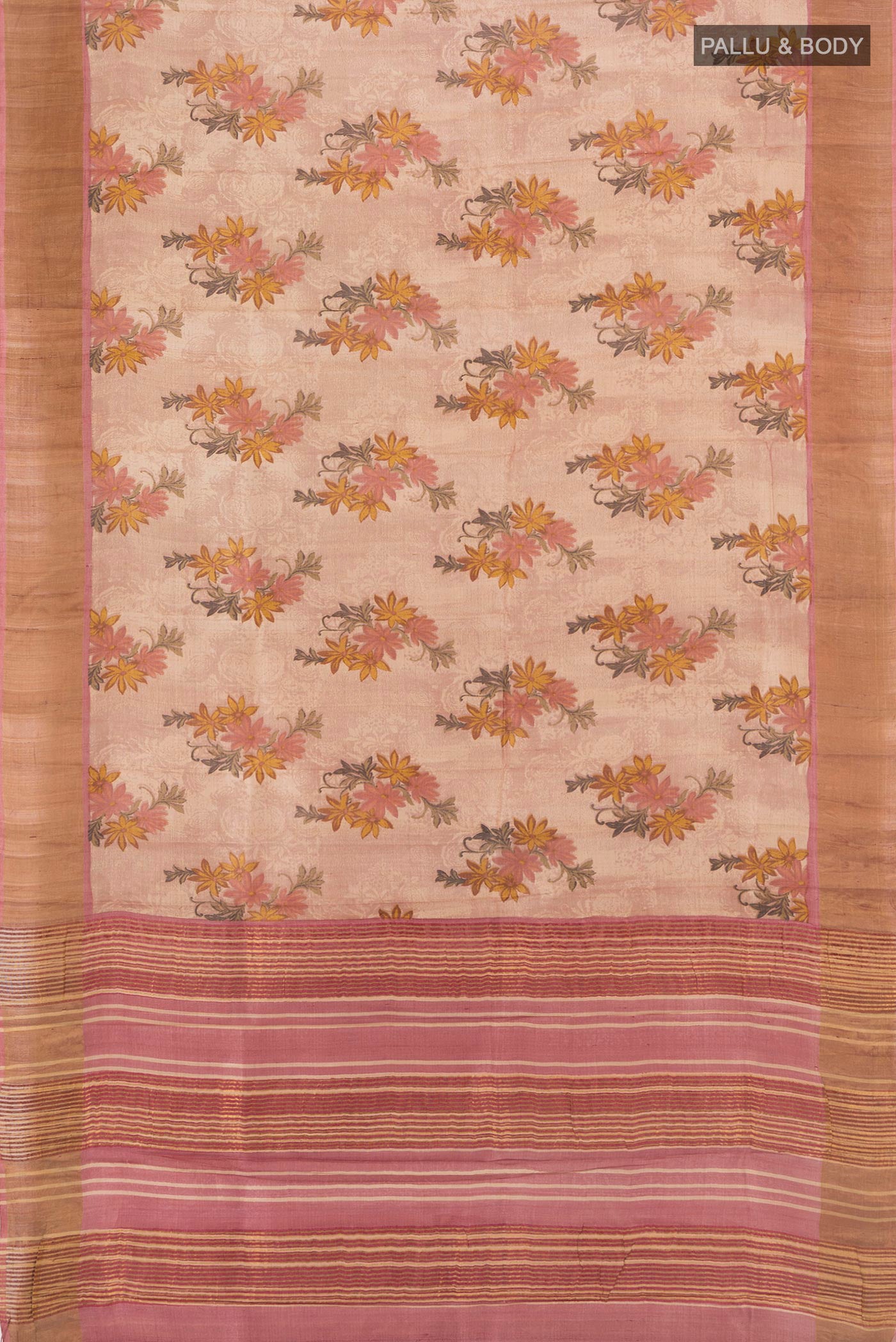 Flat view of Rose Gold Tussar Silk Saree with Floral Print on the body and Zari Border. 