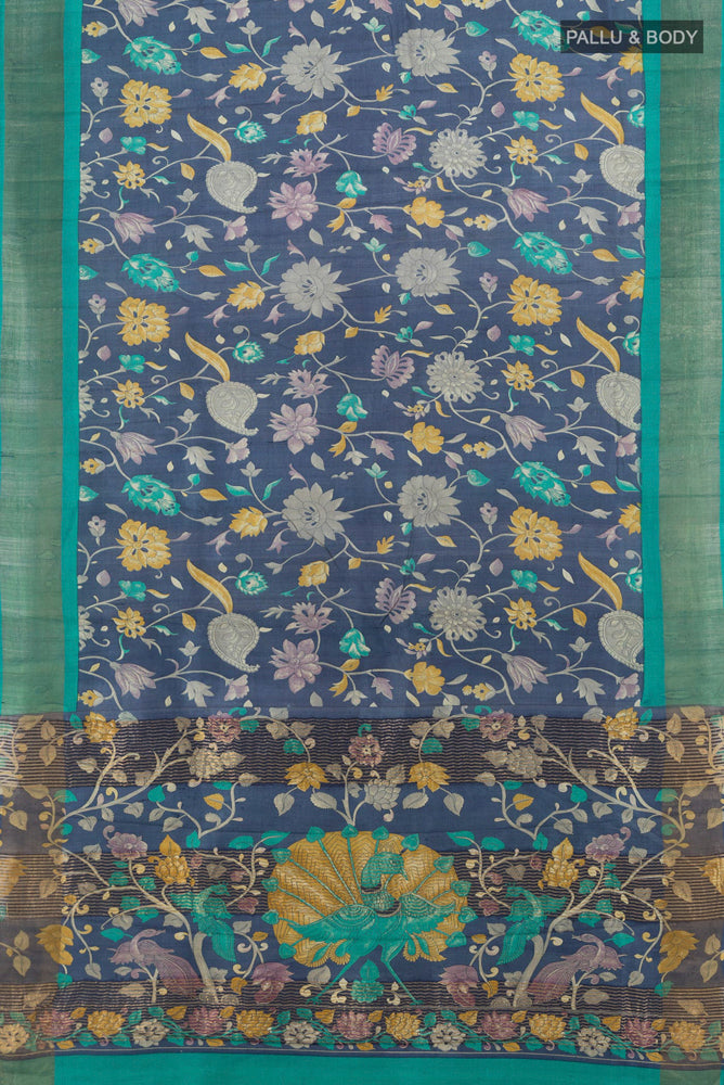 Flat view of Pure Silk Pure Zari Multi Color Tussar Saree with Floral Print on the body and Silk Border. 