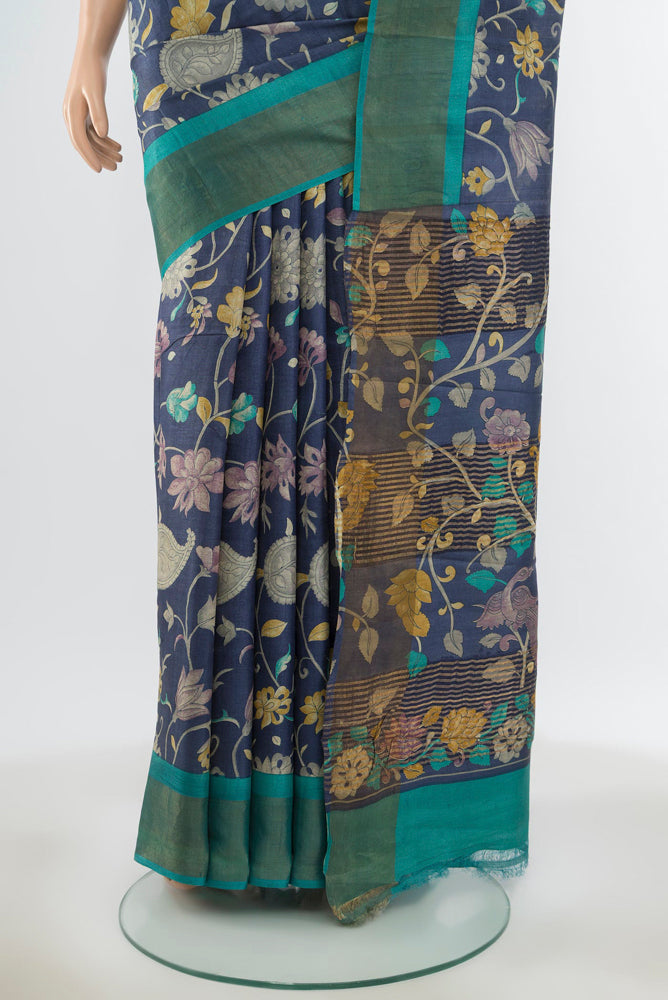Pleats and pallu of Pure Silk Pure Zari Multi Color Tussar Saree with Floral Print on the body and Silk Border. 