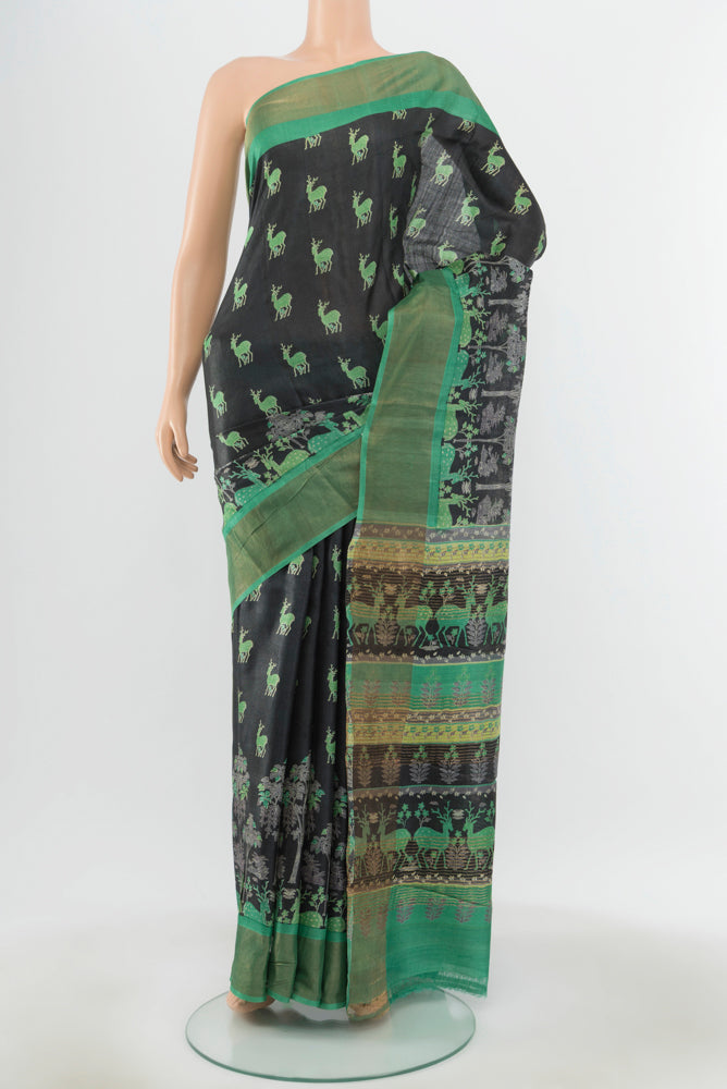 Black Tussar Silk Saree with Floral Print on the body and Silk Border.  displayed on a mannequin