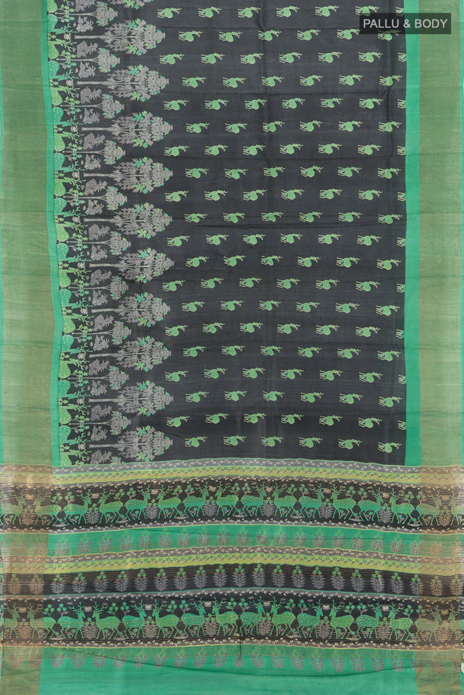 Flat view of Black Tussar Silk Saree with Floral Print on the body and Silk Border. 